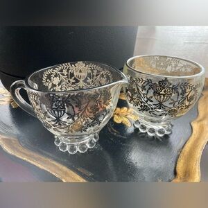 Vintage MCM Elegant Glass Creamer & Sugar Set with Sterling Silver Floral Design